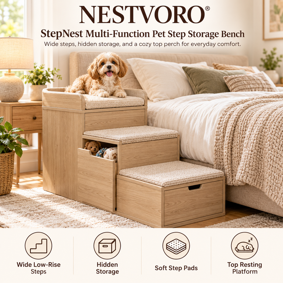 NESTVORO® StepNest Multi-Function Pet Step Storage Bench