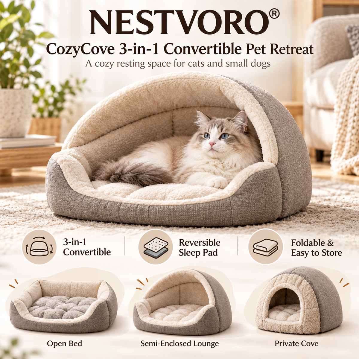 NESTVORO® CozyCove 3-in-1 Convertible Pet Retreat