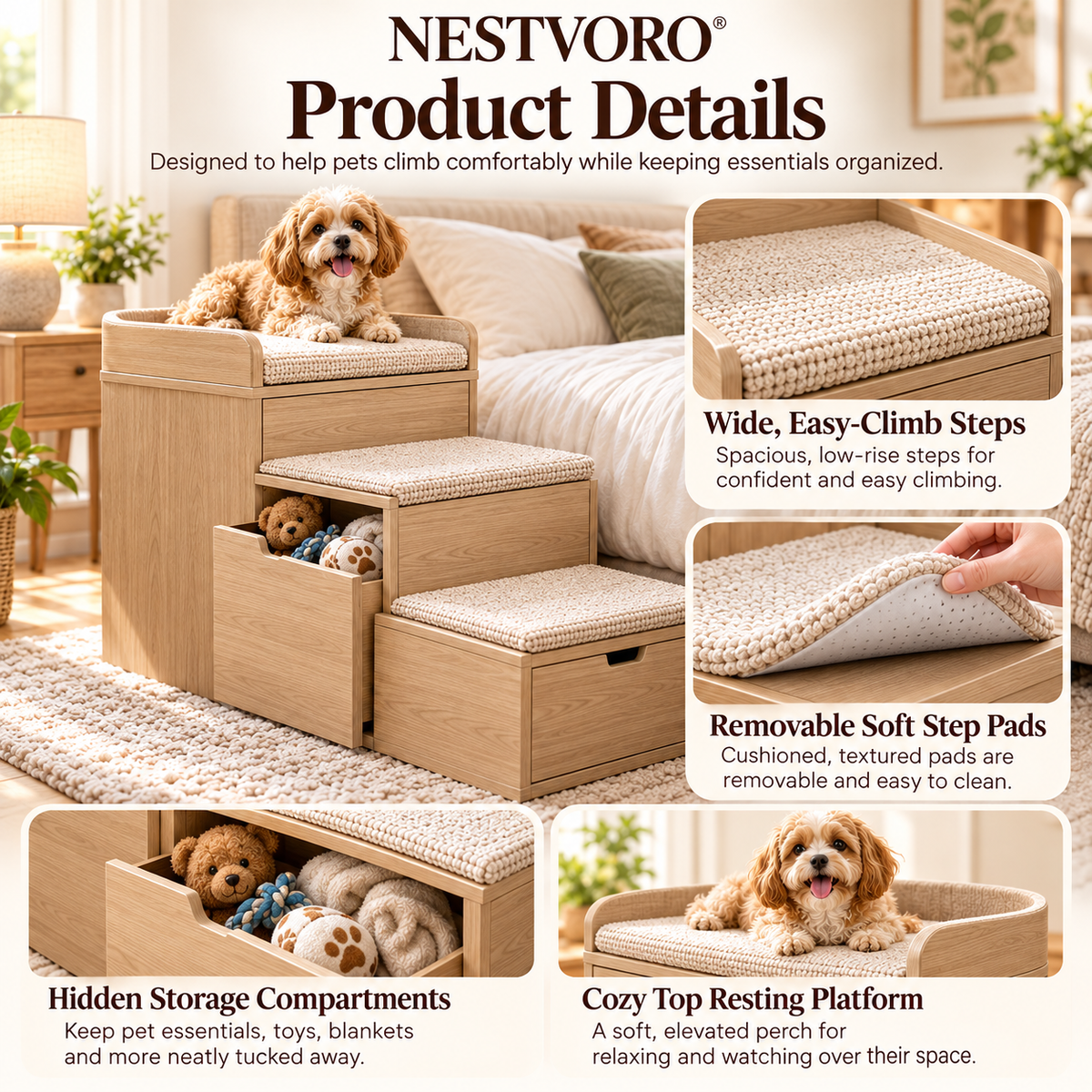 NESTVORO® StepNest Multi-Function Pet Step Storage Bench