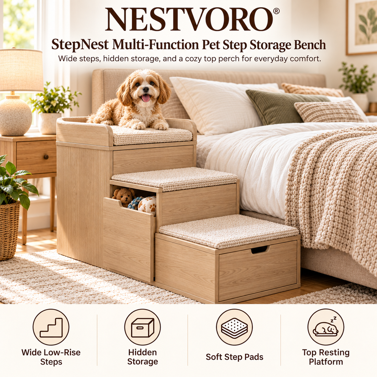 NESTVORO® StepNest Multi-Function Pet Step Storage Bench